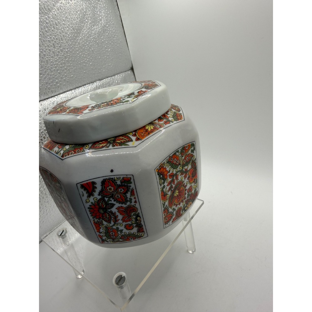 Hung‎ Jin China Octagonal Ginger Jar Floral Paisley Orange White Lidded Pot 4.5" - Picture 7 of 8